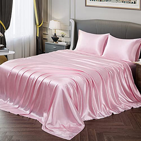 Vonty Satin Sheets Twin Silky Soft Satin Bed Sheets Pink Sheet Set, 1 Deep Pocket Fitted Sheet + 1 Flat Sheet + 1 Pillowcases Vonty