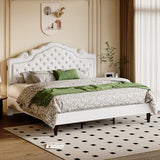 Allewie King Bed Frame with Adjustable Velvet Tiara Headboard, Upholstered Diamond Button Tufted Platform Bed, Wood Slats Support, No Box Spring Needed, Mattress Foundation, Easy Assembly, White Allewie