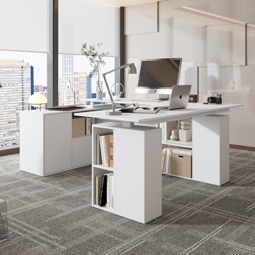 TAMUNE U-Shaped Electric Standing Desk with Drawer and Doors, Adjustable Sit Stand Desk with Open Shelves, for Home Office White 63" D x 72.4" W x 28.1"-46.6" H TAMUNE