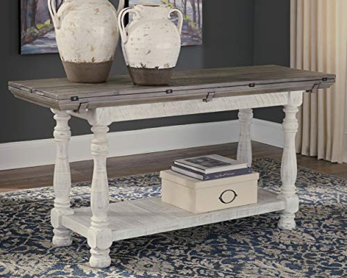 Signature Design by Ashley Havalance Farmhouse Sofa Table, Flip Top Design for Additional Dining Space and Fixed Lower Shelf, Gray & White with Weathered Finish Signature Design by Ashley