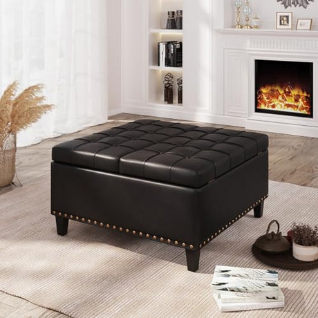 FiveWillowise Square Leather Ottoman with Storage, Faux Leather Coffee Table Ottoman with Lift Top, Large Upholstered Footrest Stool Toy Box Storage for Bedroom Living Room, Black FiveWillowise