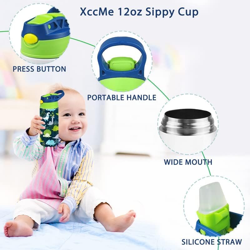 XccMe Sublimation Sippy Cup,12oz Stainless Steel Toddler Water Bottle,Double Wall Vacuum Insulated Sippy Tumbler with Handle Spill Proof and Shrink Films,Children Thermos