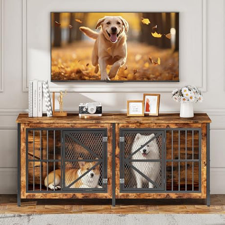 CHOEZON 71" Double Dog Crate Furniture for 2 Dogs, Wooden Dog Crate End Table, Dog Cage for Medium/Large Dogs, Heavy-Duty Dog Kennel Furniture with Framed Metal Doors, Rustic Brown and Black TGW02BF CHOEZON