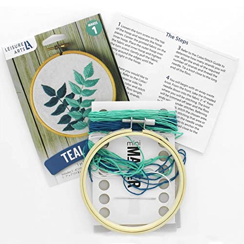 Leisure Arts Embroidery Kit 4" Teal Leaves - cross stitch kits for beginners - embroidery kit for beginners - embroidery kits for adults - embroidery kits for adults