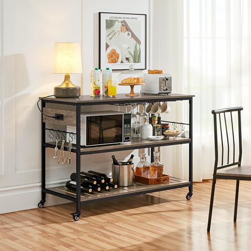 Yaheetech Kitchen Cart with Power Outlet, Rolling Kitchen Island on Wheels with Glass Holder & Hooks, Utility Trolley Cart Coffee Bar Microwave Stand Cart with Lockable Casters, Taupe Wood Yaheetech