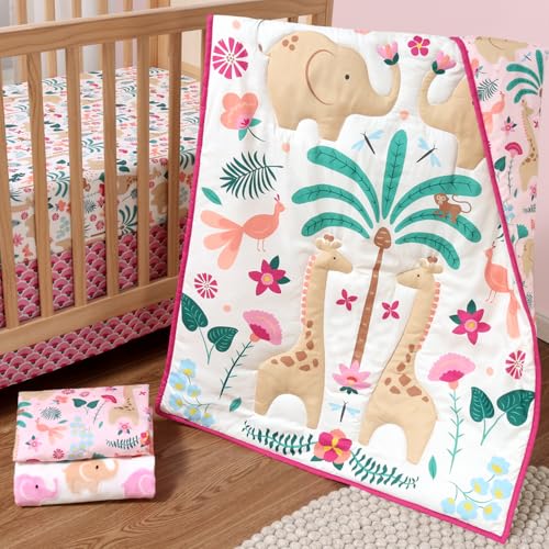 The Peanutshell 5 Piece Baby Crib Bedding Set for Girls - Newborn, Infant & Toddler Nursery Bed Set Decor with Fitted Crib Sheets, Blanket, Dust Ruffle Comforter - Bright Safari The Peanutshell