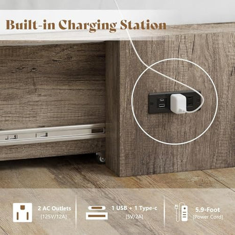 AMERLIFE Queen Size Murphy Bed, Farmhouse Wooden Cabinet with Charging Station and Storage Drawer for Bedroom/Office/Guest Room, Grey Oak AMERLIFE