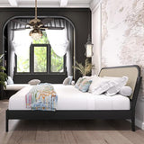 Bme Aurelia Black Solid Wood Bed Frame with Rattan Headboard - Bohemian & Mid Century Modern Style Bme
