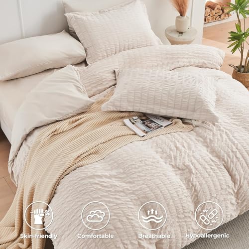 HYMOKEGE Beige Duvet Cover Queen Size, Ultra Soft 3-Piece Seersucker Duvet Cover Set with Zipper Closure, Soft Brushed Microfiber Bedding Set with 8 Corner Ties (90"x90", 2 Pillowshams) HYMOKEGE