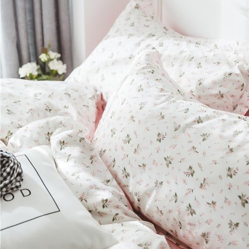 mixinni Girl Floral Full Size Comforter Pink White Flower Leaf Print Bedding Sets, Cute Floral Bedding Comforter Sets for All Seasons-(1 Comforter+2 Pillow Shams)-Full Size mixinni