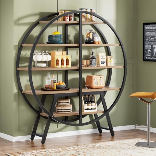 Tribesigns 67-Inch Industrial Round Etagere Bookshelf - 5-Tier Oak and Metal Display Stand Tribesigns