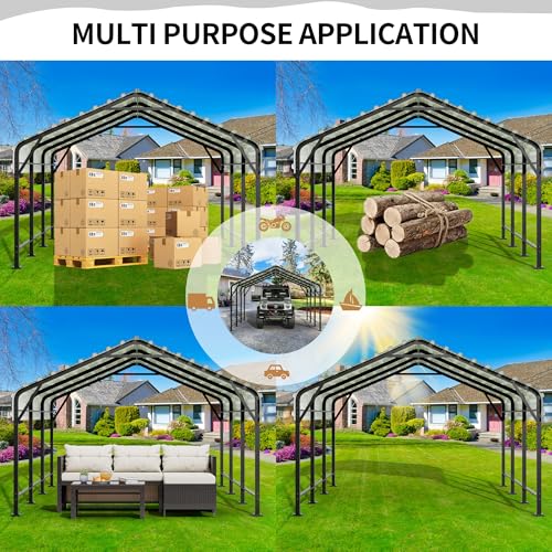 JY QAQA 12 x 15 FT Metal Carport Kits with Galvanized Steel Roof, Heavy Duty Metal Carport Canopy, Outdoor Car Tent Garage Shelter for Car, SUV, Truck and Boats JY QAQA PET