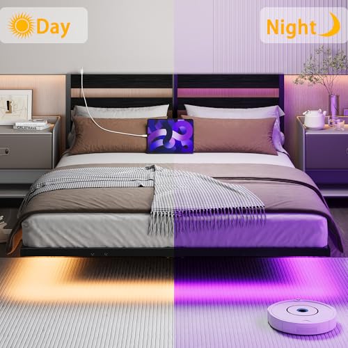 Floating Full Size Bed Frame with Headboard and Storage,Metal Platform Bed Frame Full Size with Charging Port and LED Lights,No Box Spring Needed,Easy Assembly,Noise Free,Heavy Duty Black Bed Frame SOLACECASA
