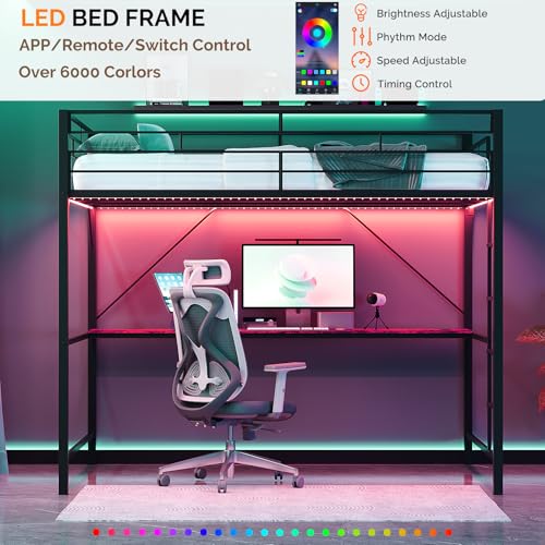 VINGLI Loft Bed Full Size with 15 Inches Extra Tall Guardrail, LED Lights and Desk Underneath, Industrial Metal Double High Sleeper with 2 Charging Stations and Flat Rung Steps, Space Saving,Black VINGLI