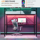 VINGLI Loft Bed Full Size with 15 Inches Extra Tall Guardrail, LED Lights and Desk Underneath, Industrial Metal Double High Sleeper with 2 Charging Stations and Flat Rung Steps, Space Saving,Black VINGLI