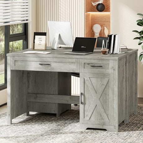Vabches Farmhouse 51" Executive Desk,Computer Desk with Drawers and Storage Cabinet, Workspace for Home Office and Study.Grey Vabches