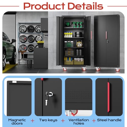 LMTC 71" H Garage Storage Cabinet with 4 Adjustable Shelves and Wheels, Lockable Metal Storage Cabinet for Garage, Home, Warehouse, Assembly Required,Black LMTC