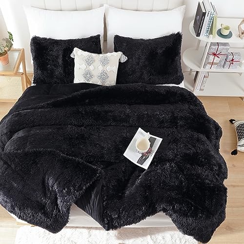 Smoofy Fluffy King Size Comforter Set, Faux Fur Black Comforter Set, Luxury Fuzzy King Bedding Set, Soft Shaggy Bed Set for All Season, 3 Pieces - 1 Comforter & 2 Pillowcases, Smoofy