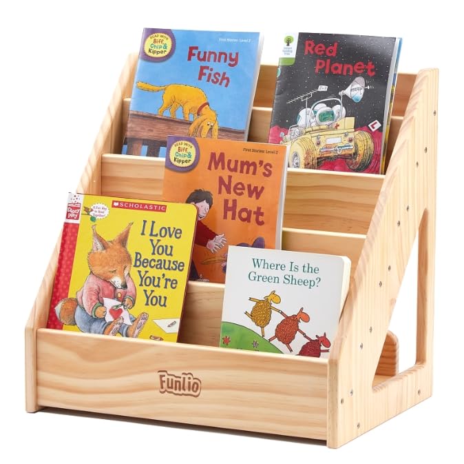 Front-Facing FUNLIO Montessori Bookshelf for Toddlers - Premium Pine Bookcase with Handles & Safety Features - WoodArtSupply