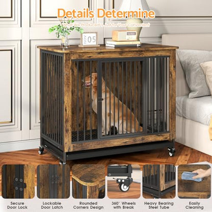 Advwin 38.6" Dog Crate Funiture with Removable Tray, Wooden Kennel Indoor, 2 Doors & 4 Wheels, Heavy Duty Sturdy Corner End Table, Cage for Small Medium Large Dogs, 38.6" L x 23.4" W x 32" H, Brown