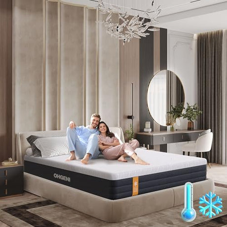 OhGeni 10 Inch King Size Mattress, Cooling Gel Memory Foam Bed Mattresses in a Box, Cool Touch Surface, Medium Feel，Ergonomic Support & Pressure Relief, CertiPUR-US Certified Foam, Designed in USA OhGeni