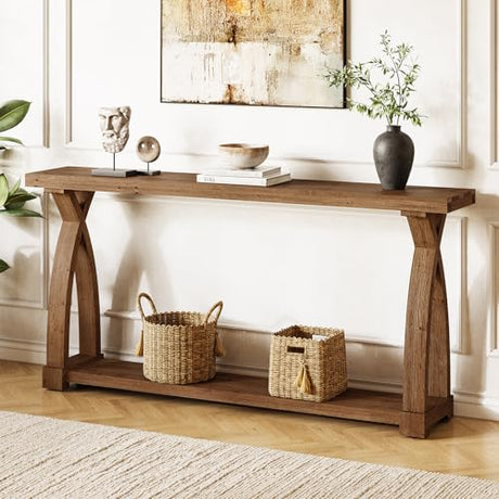 TRIBEWOOD Solid Wood Console Table for Entryway, 63-Inch Narrow Farmhouse Couch Table Behind Sofa with 2-Tier Storage for Entrance, Foyer, Living Room, Long, Dark Brown TRIBEWOOD