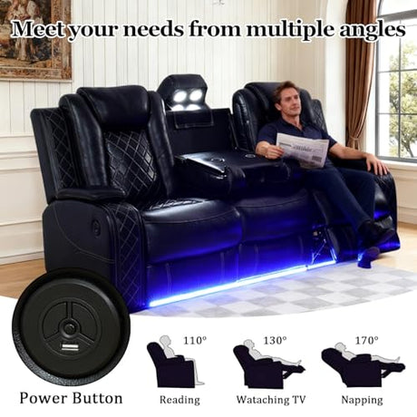 SITYRUBE Power Leather Recliner Sofa Set with LED Lights, Power Reclining Couch Set，Leather Living Room Sofa 3 Pieces with Coffee Table/Cup Holder for House/Home Theater(Black,6 Seater) SITYRUBE