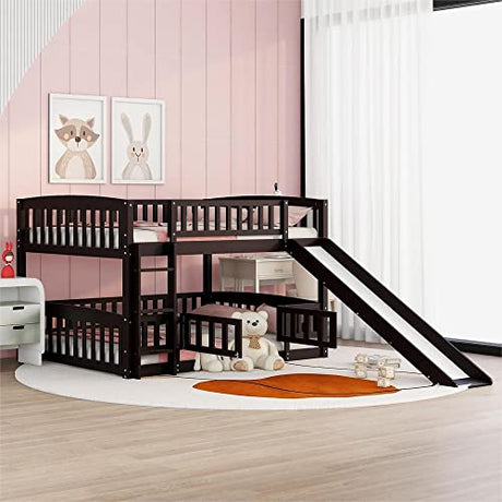 Merax Full Over Full Bunk Bed with Slide, Low Bunk Bed with Fence and Ladder, Solid Pine Wood Structure forBedroom, Espresso Merax