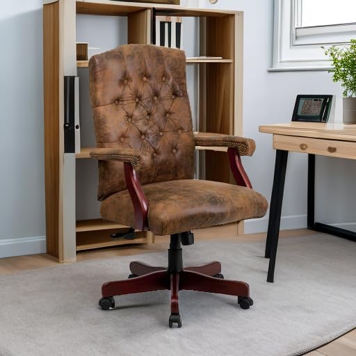 Flash Furniture Derrick Traditional Microfiber Tufted Swivel Office Chair with Wood Base, Ergonomic Farmhouse High-Back Desk Chair, Bomber Brown Flash Furniture