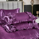 MOVE OVER Purple Satin Comforter Set King Size Purple Ruffle Bedding Set 8 Pieces Satin Bed in a Bag Farmhouse Shabby Chic Ruffle Design Silk Like Satin Comforter Sets MOVE OVER