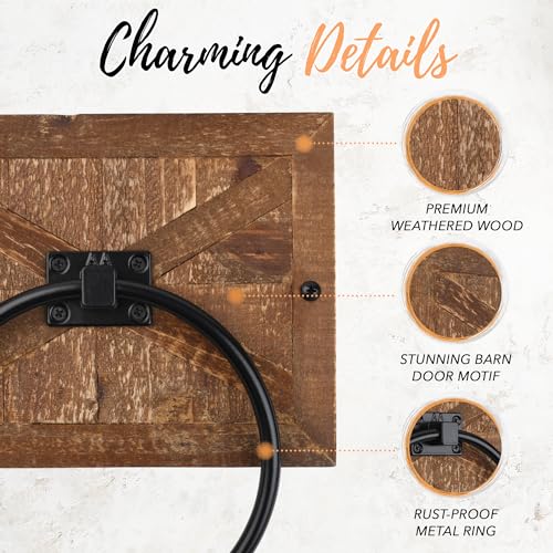 Autumn Alley Farmhouse Hand Towel Ring for Bathroom - Barn Wood Bath Towel Rings Holder - Towel Rings for Bathroom Wall Mounted Decor Mix of Wood, Galvanized Metal & Black Rings Autumn Alley