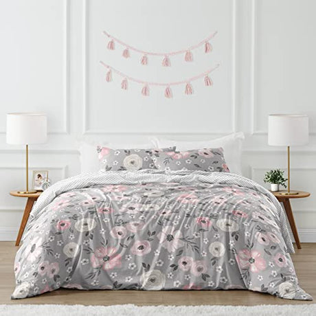 Sweet Jojo Designs Grey Watercolor Floral Girl Full/Queen Bedding Comforter Set Kids Childrens Size - 3 Pieces - Blush Pink Gray and White Shabby Chic Rose Flower Polka Dot Farmhouse Sweet Jojo Designs
