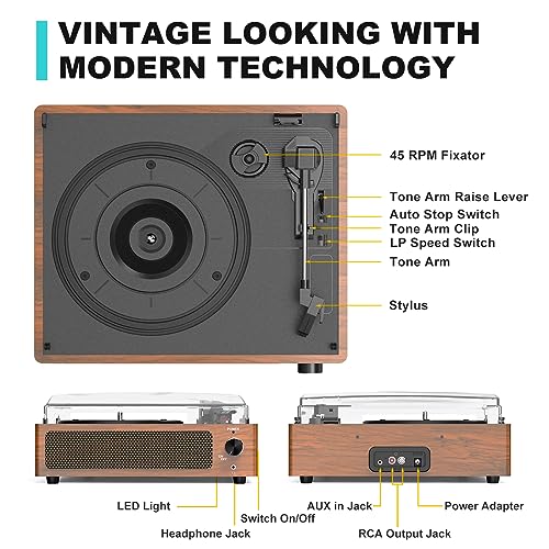 WOCKODER Vintage Record Players for Vinyl with Speakers Belt-Driven Retro Turntable for Vinyl Records Support 3-Speed, Bluetooth Playback, AUX-in, Headphone, RCA All-in-on LP Vinyl Players Brown WOCKODER