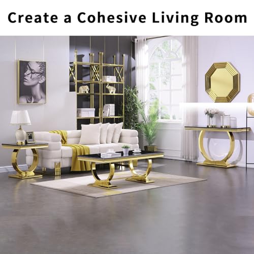 Asday Gold Console Table, 50 inch Glam Black and Gold Entryway Table with U-Shaped Base, Polished Gold Entrance Table with Black Top for Entryway, Hallway, Foyer Asday