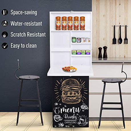 HOMCOM Wall Mounted Foldable Desk with a Blackboard, Fold Out Convertible Floating Desk with Shelves, White HOMCOM
