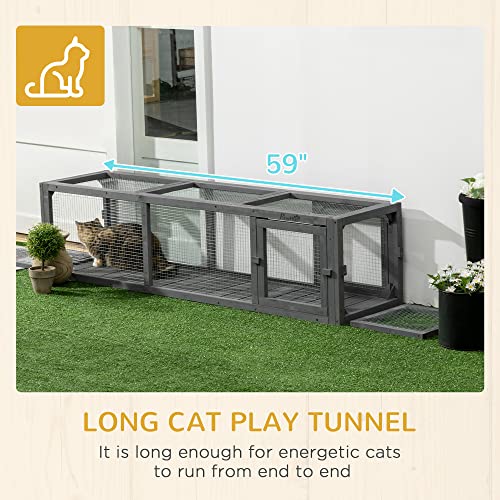 PawHut Outdoor Cat Tunnel with Extendable Design, 59" L Wooden Cat Run with Weather Protection, Connecting Inside and Outside, for Deck Patios, Balconies, Gray - WoodArtSupply