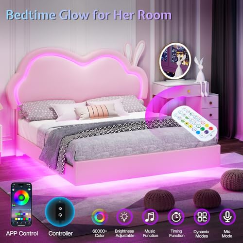 Jocisland LED Twin Bed Frame for Girls Upholstered Floating Bed with Cute Cloud Headboard, No Box Spring Needed, Leather, Pink Jocisland