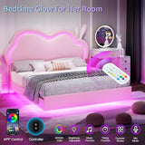 Jocisland LED Twin Bed Frame for Girls Upholstered Floating Bed with Cute Cloud Headboard, No Box Spring Needed, Leather, Pink Jocisland