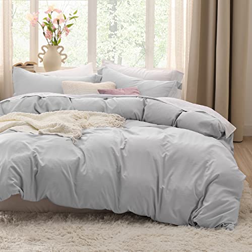 Bedsure Light Grey Duvet Cover Queen Size - 3 Pieces Prewashed Cotton-Like Extra Soft Bedding Set, Includes 1 Duvet Cover 90x90 Inches with Zipper Closure & 2 Pillow Shams, Comforter Not Included Bedsure