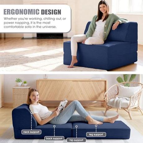 Kasunpul Folding Sofa Bed with Pillow, Memory Foam Fold Out Chair Bed, Convertible Sleeper Chair with Washable Cover, Futon Floor Couch for Living Room/Dorm/Guest Use/Home Office/Apartment, Navy Blue Kasunpul