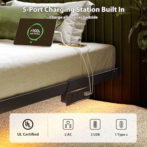 Bed Frame Queen Size, Floating Bed Frame with Smart LED Lights & Charging Station, Modern Metal Platform Queen Bed Frame with Mattress Slide Stopper, Noise-Free, No Box Spring Needed, Easy Assembly MORICAD