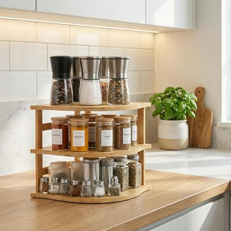 Goaste 3-Tier Bamboo Corner Shelf, Kitchen Countertop Storage Organizer, Cabinet Plate Rack for Pantry Organization, Bathroom, Desktop, 9.5 x 9.5 x 9.5 Inch Goaste