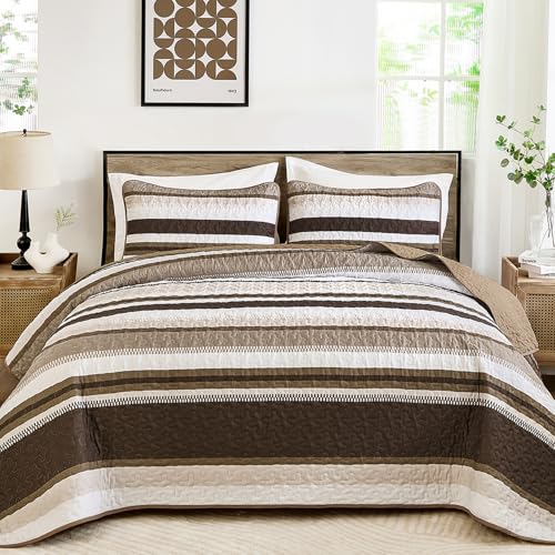WONGS BEDDING Quilt Set Queen Size, Brown Striped Pattern Bedspread,Lightweight Summer Coverlet Bedding Set for Bed 96"x90" WONGS BEDDING