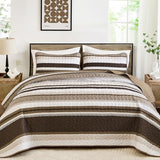 WONGS BEDDING Quilt Set Queen Size, Brown Striped Pattern Bedspread,Lightweight Summer Coverlet Bedding Set for Bed 96"x90" WONGS BEDDING