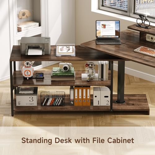 Lefurture Standing Desk with File Cabinet, 55x24'' L Shaped Electric Stand Up Desk with Adjustable Monitor Shelf, Adjustable Height 28-46'' for Home and Computer Workstation, Walnut Lefurture