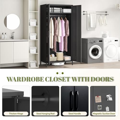 Steehoom Armoire Wardrobe Closet, Metal Storage Clothes Cabinets Locker with Doors Tall Freestanding Armoire Wardrobes for Bedroom Hanging Clothes, Heavy Duty, Black Steehoom