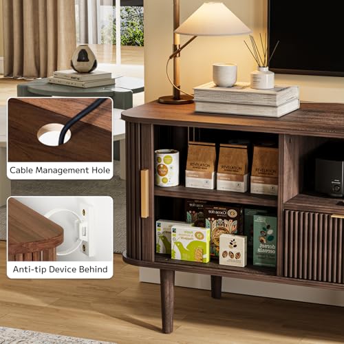 DAMCROP Fluted TV Stand, 62 Inch Mid Century Modern Media Console Table with Sliding Tambour Door Farmhouse Sideboard Buffet Cabinet Fits TVs up to 75 inch, Wood Entertainment Center for Living Room DAMCROP