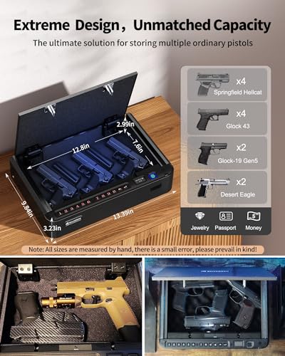 BILLCONCH Smart Gun Safe with Security Cable - Biometric Gun Safe for Handgun 4 Ways Quick Access with Fingerprint/Keypad/Key/APP Lock Pistol Safe for Nightstand Bedside Home Car with LCD/Voi - WoodArtSupply