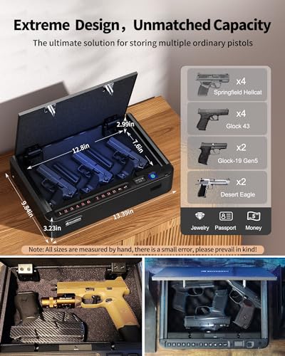 BILLCONCH Smart Gun Safe with Security Cable - Biometric Gun Safe for Handgun 4 Ways Quick Access with Fingerprint/Keypad/Key/APP Lock Pistol Safe for Nightstand Bedside Home Car with LCD/Voice Guide BILLCONCH