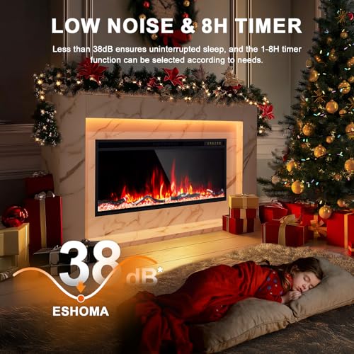 60 Inch Electric Fireplace with Mantel, Replaceable 42”Fireplace Insert Heater, 3D Realistic Log and Flame Effect, Timer, White Marble Finish for Living Room Bedroom Eshoma